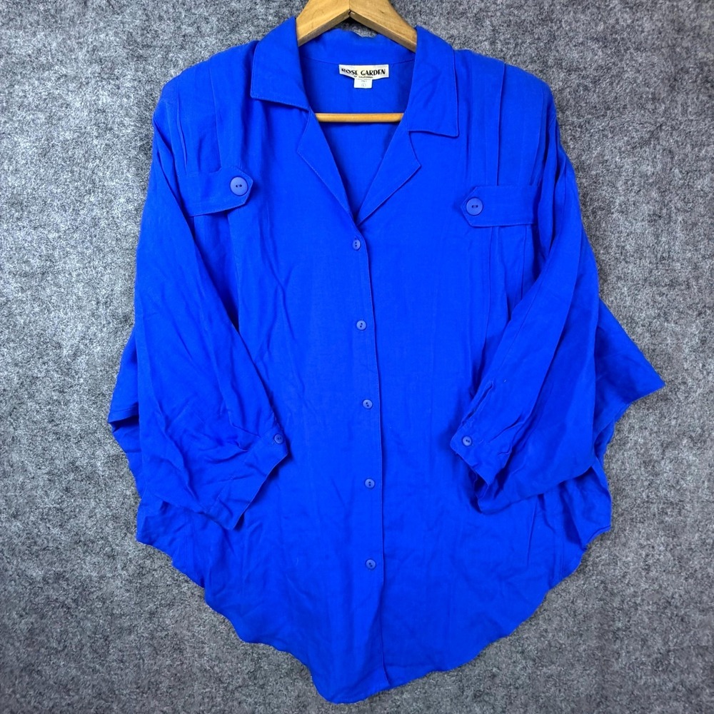 Vintage Rose‎ Garden Blouse Top Womens Large Blue Rayon Camp Collar Button Front